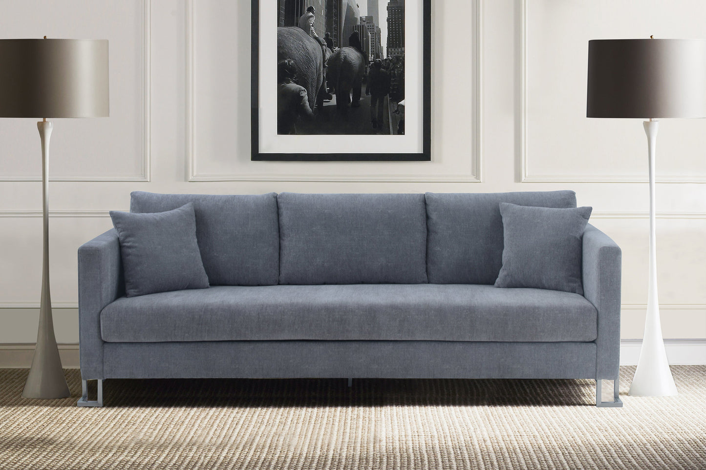 Heritage Gray Fabric Upholstered Sofa with Brushed Stainless Steel Legs