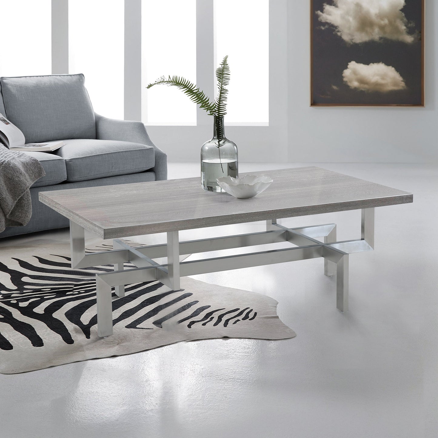 Illusion Gray Wood Coffee Table with Brushed Stainless Steel Base