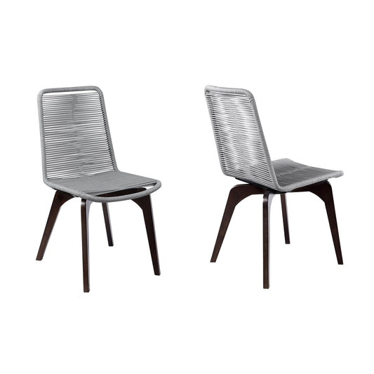 Island Outdoor Dark Eucalyptus Wood and Silver Rope Dining Chairs - Set of 2