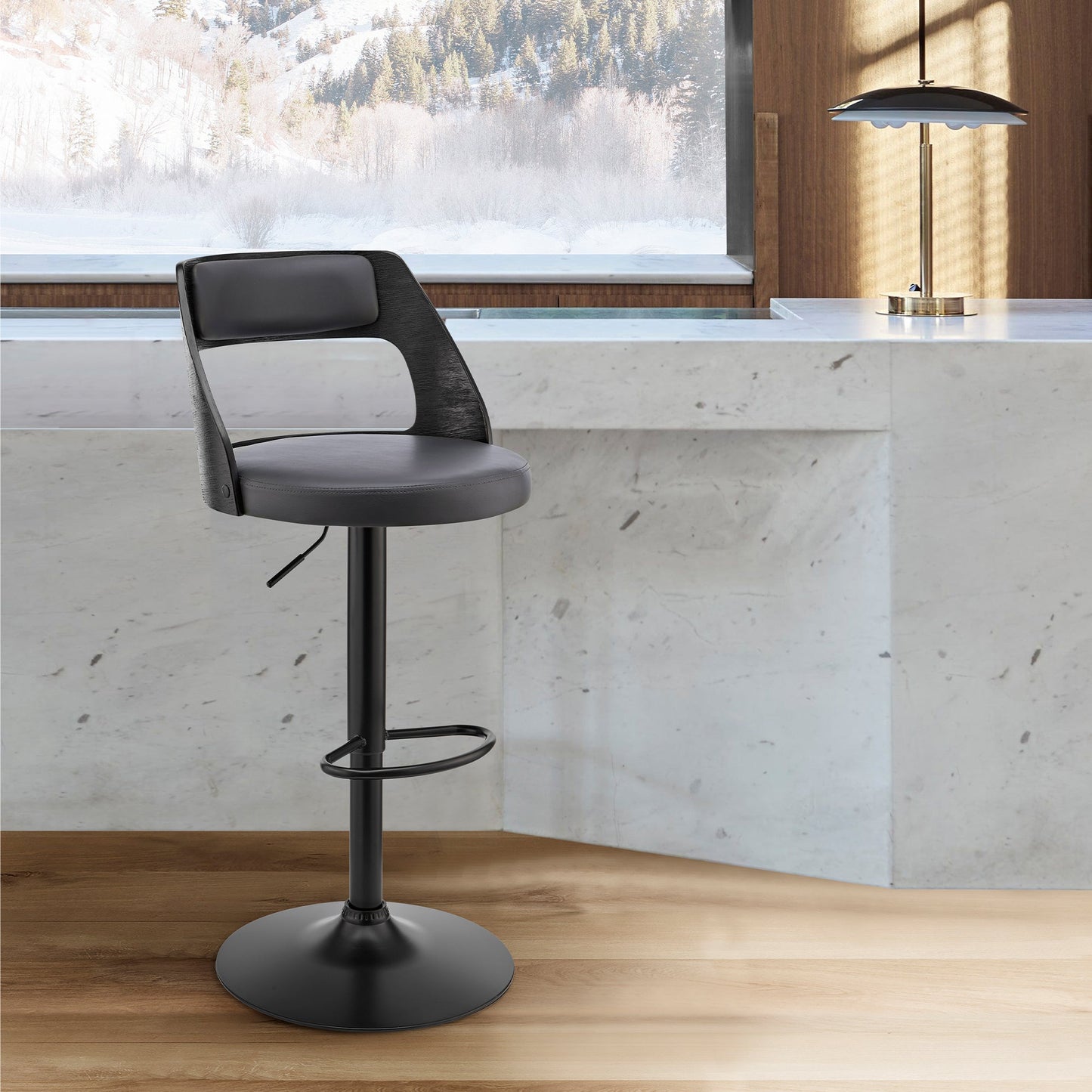 Itzan Adjustable Swivel Gray Faux Leather and Black Wood Bar Stool with Black Base