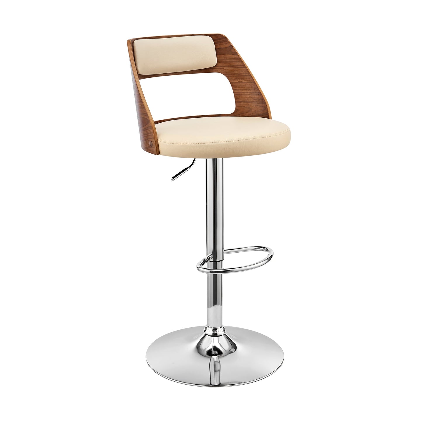 Itzan Adjustable Swivel Cream Faux Leather and Walnut Wood Bar Stool with Chrome Base