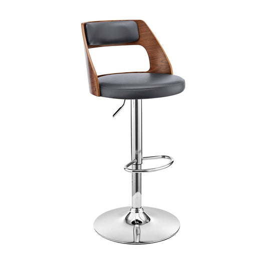 Itzan Adjustable Swivel Gray Faux Leather and Walnut Wood Bar Stool with Chrome Base