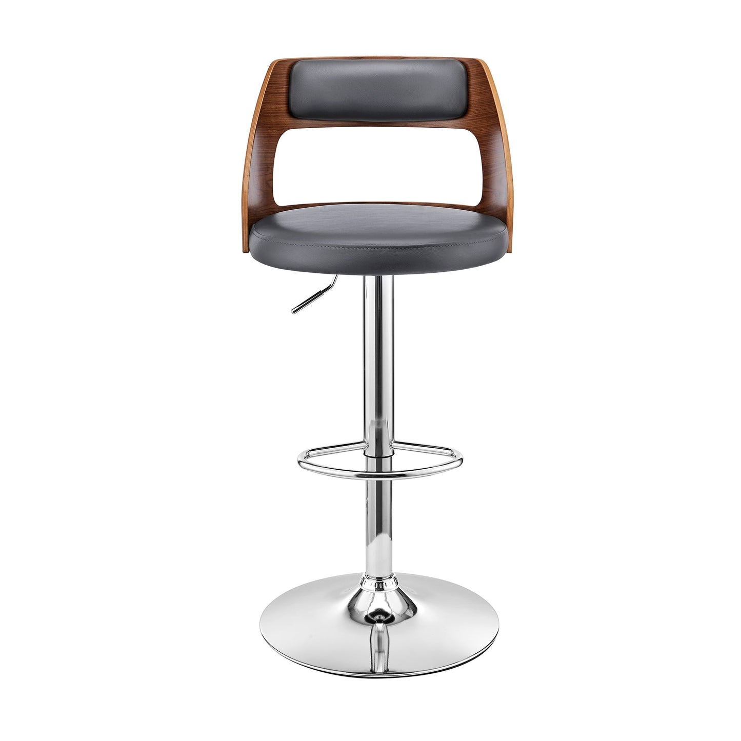 Itzan Adjustable Swivel Gray Faux Leather and Walnut Wood Bar Stool with Chrome Base