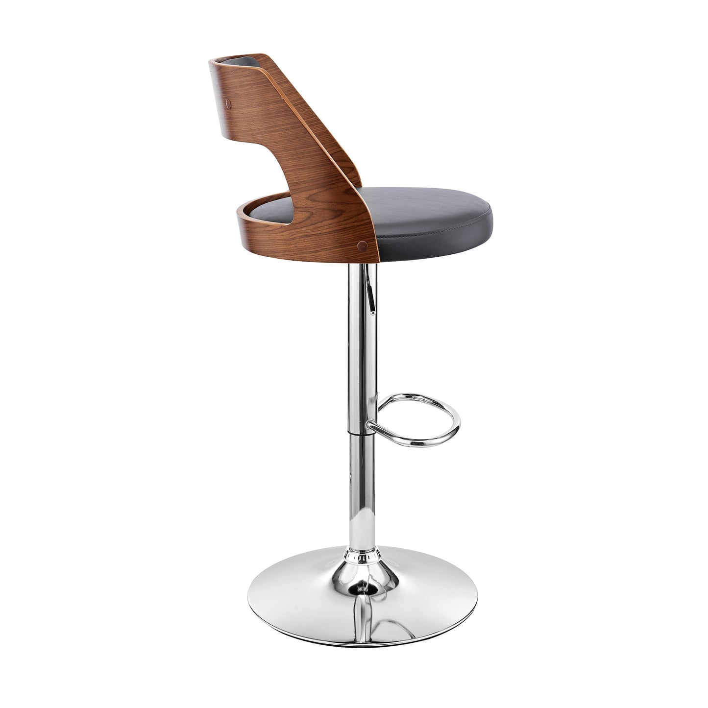 Itzan Adjustable Swivel Gray Faux Leather and Walnut Wood Bar Stool with Chrome Base