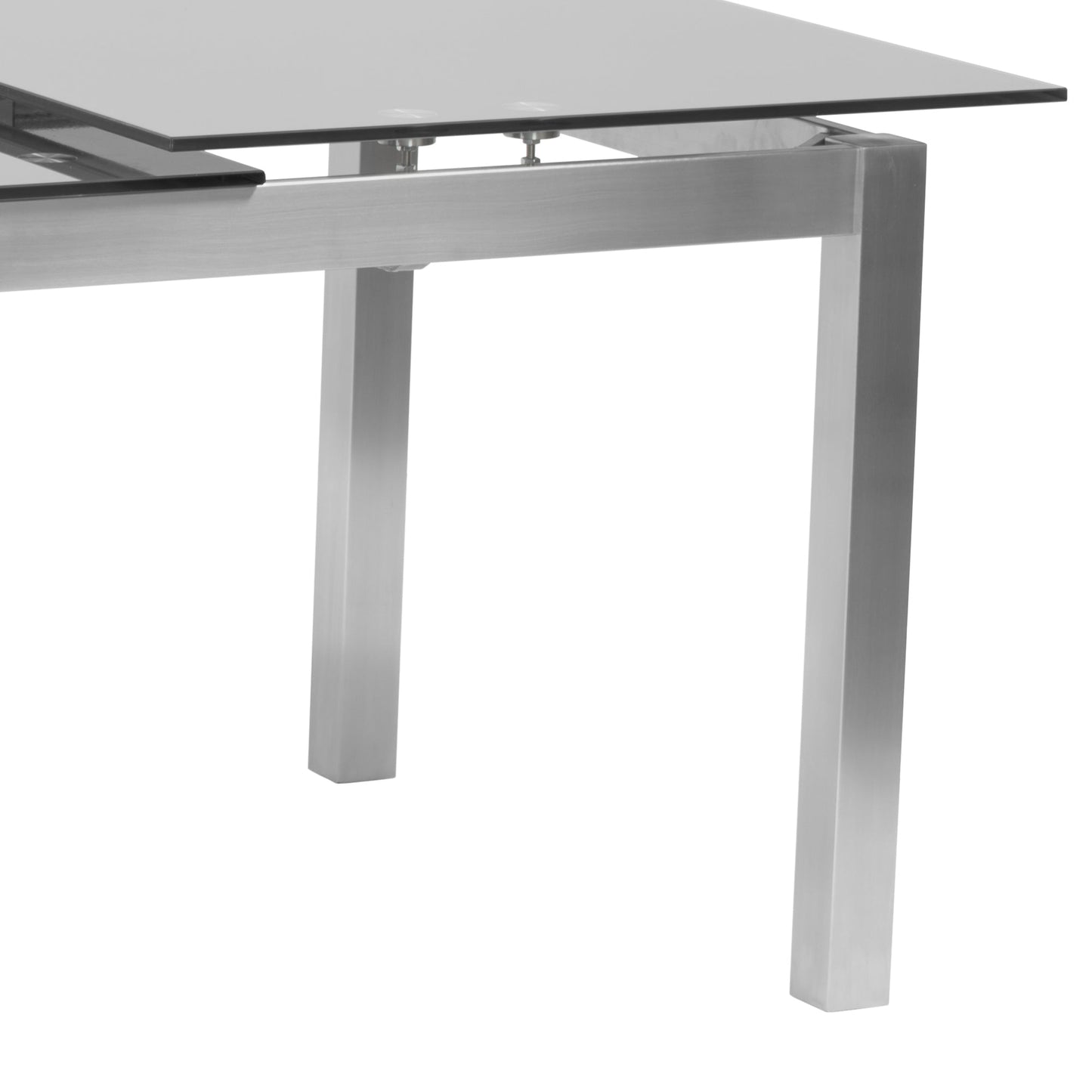 Ivan Extension Dining Table in Brushed Stainless Steel and Gray Tempered Glass Top