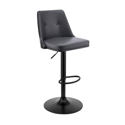 Jacob Adjustable Swivel Gray Faux Leather and Black Wood Bar Stool with Black Base