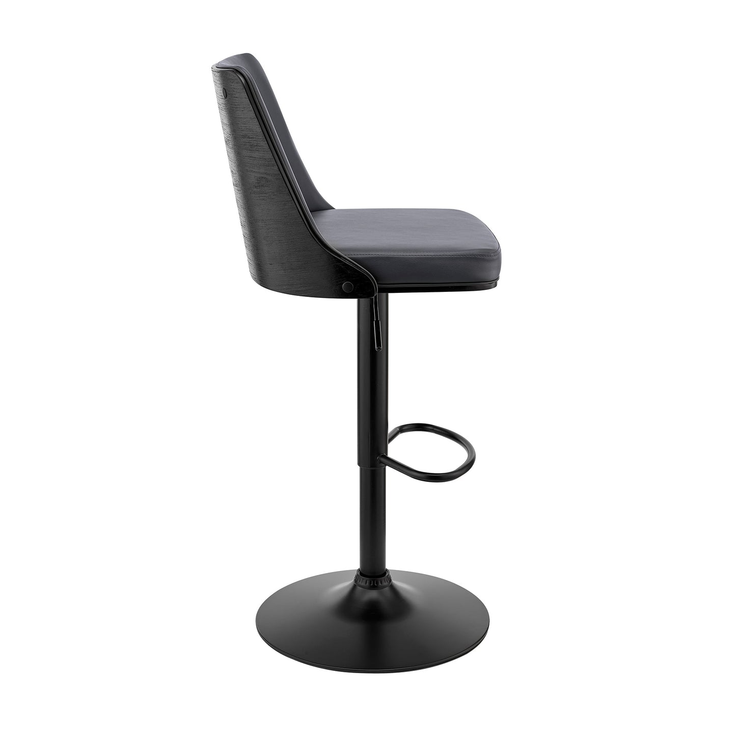 Jacob Adjustable Swivel Gray Faux Leather and Black Wood Bar Stool with Black Base