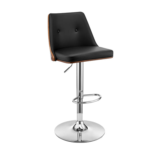 Jacob Adjustable Swivel Black Faux Leather and Walnut Wood Bar Stool with Chrome Base