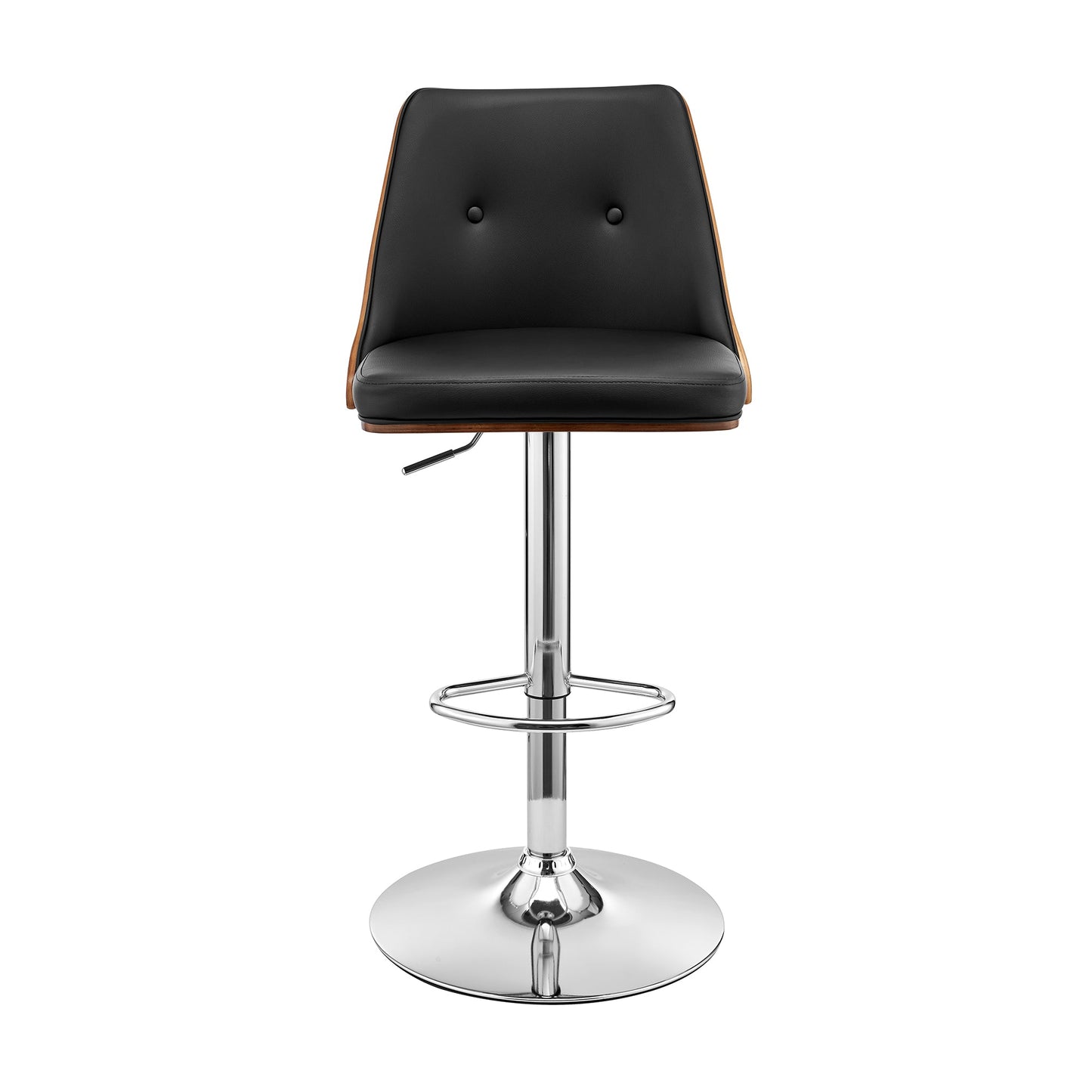 Jacob Adjustable Swivel Black Faux Leather and Walnut Wood Bar Stool with Chrome Base