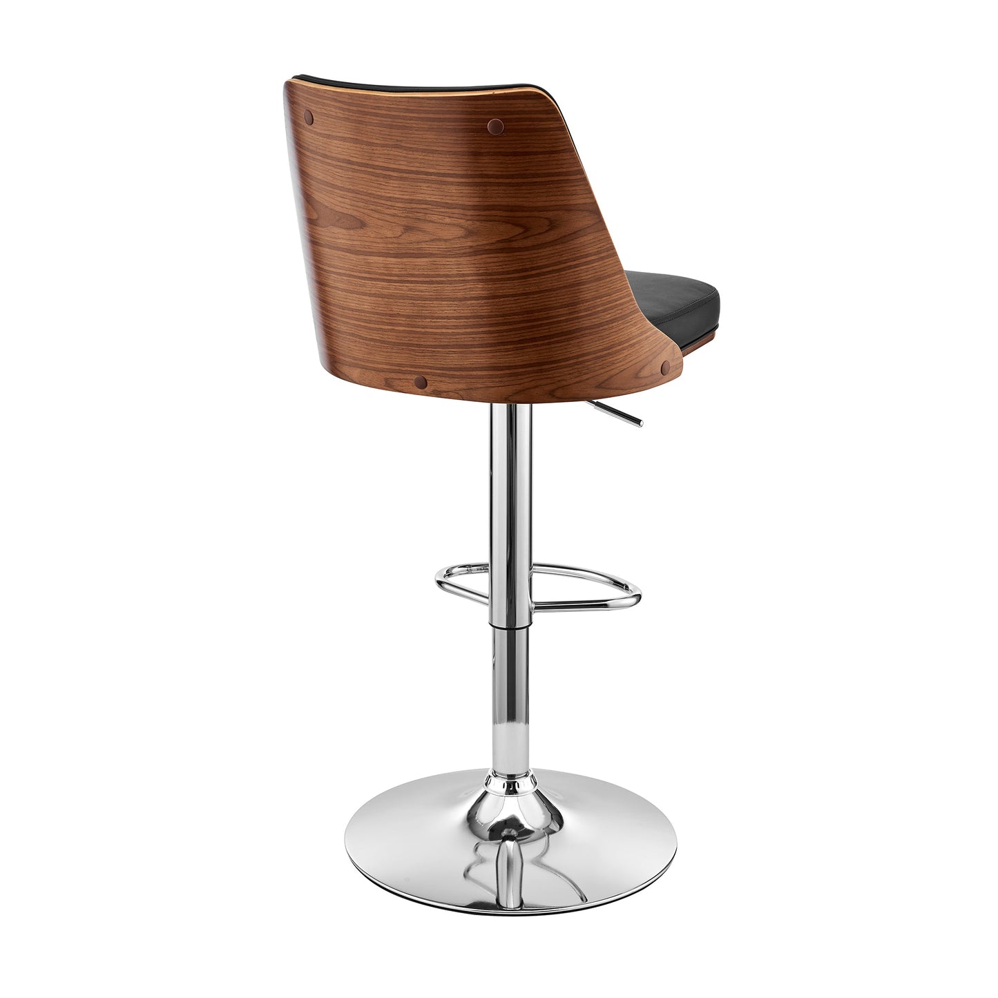 Jacob Adjustable Swivel Black Faux Leather and Walnut Wood Bar Stool with Chrome Base