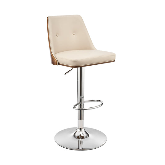 Jacob Adjustable and Swivel Cream Faux Leather and Walnut Wood Bar Stool with Chrome Base