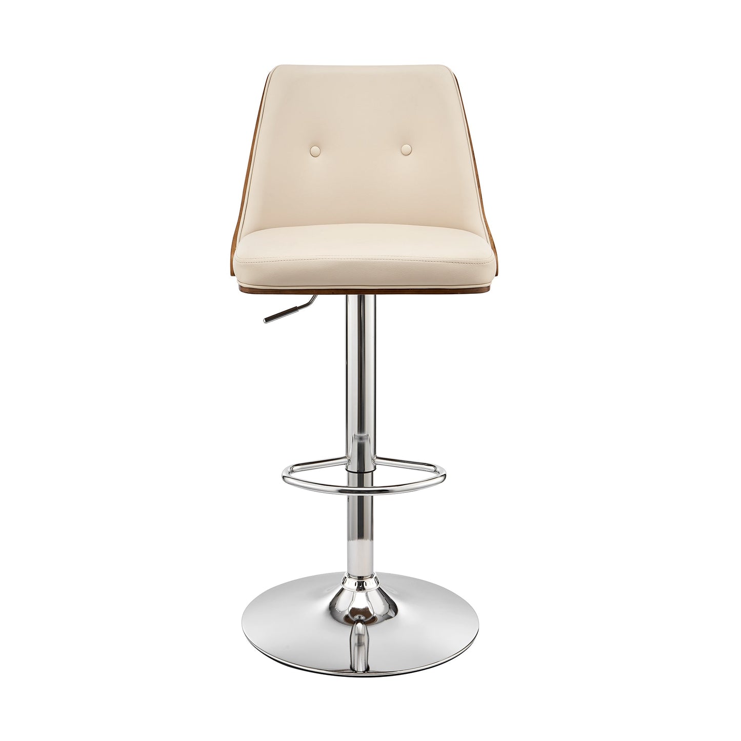 Jacob Adjustable and Swivel Cream Faux Leather and Walnut Wood Bar Stool with Chrome Base