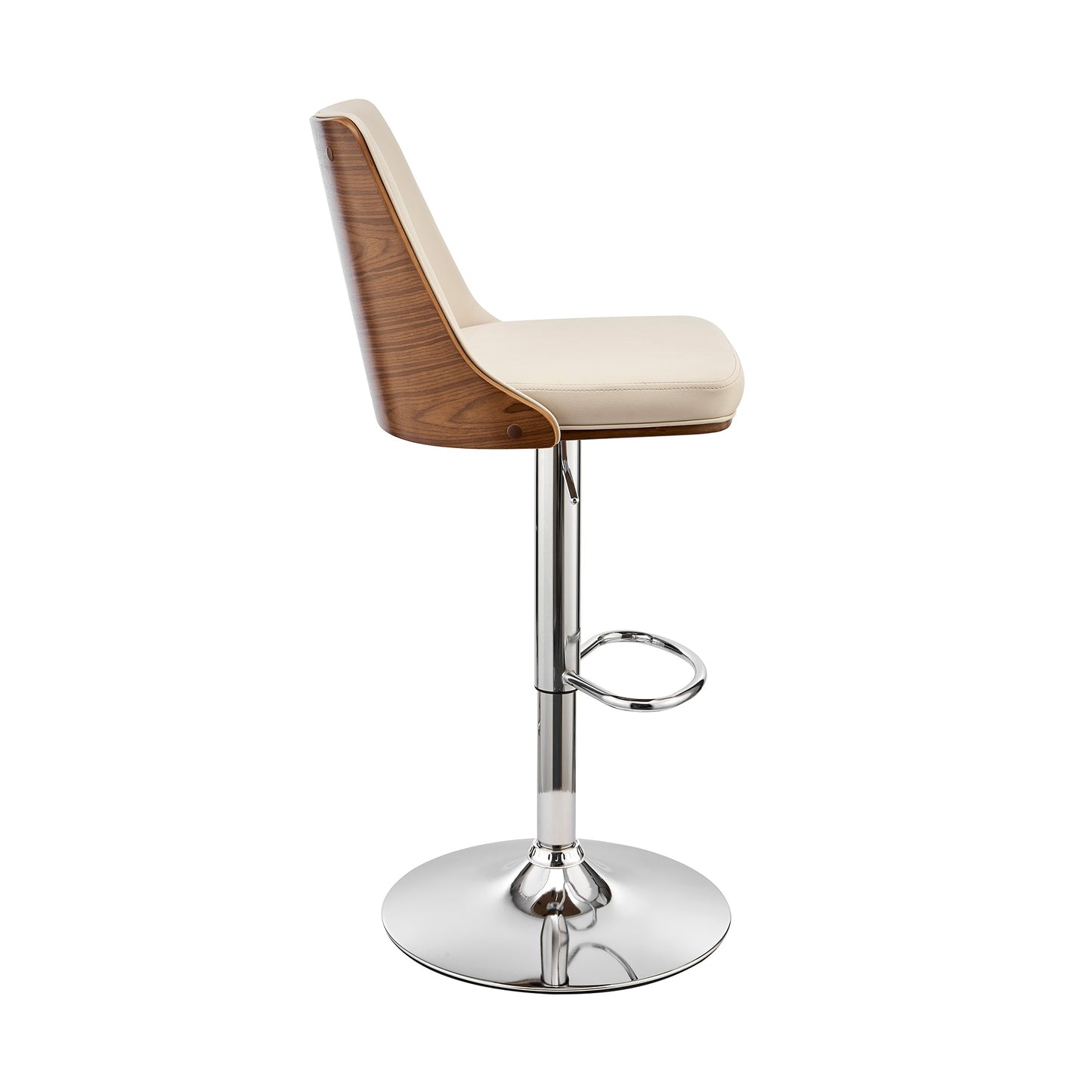 Jacob Adjustable and Swivel Cream Faux Leather and Walnut Wood Bar Stool with Chrome Base