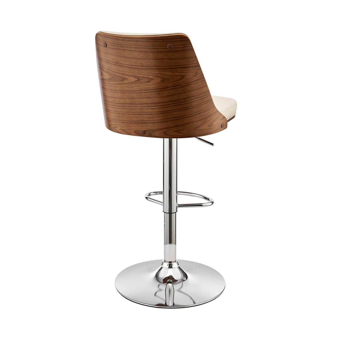 Jacob Adjustable and Swivel Cream Faux Leather and Walnut Wood Bar Stool with Chrome Base