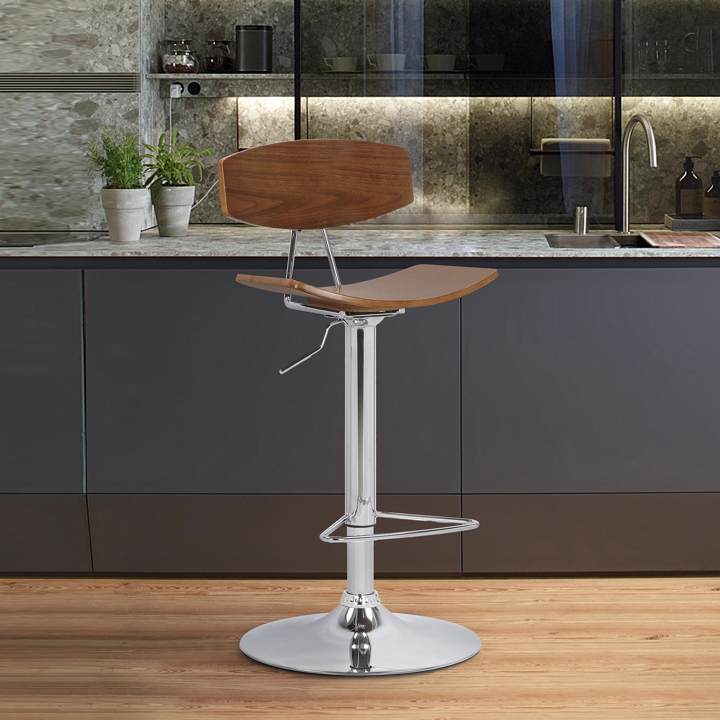 Jett Adjustable Walnut and Chrome Bar Stool