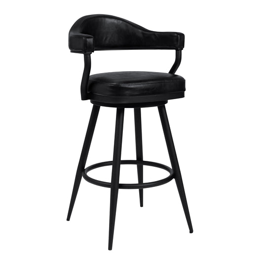 Justin 26" Counter Height Swivel Vintage Black Faux Leather Bar Stool with Black Metal Legs