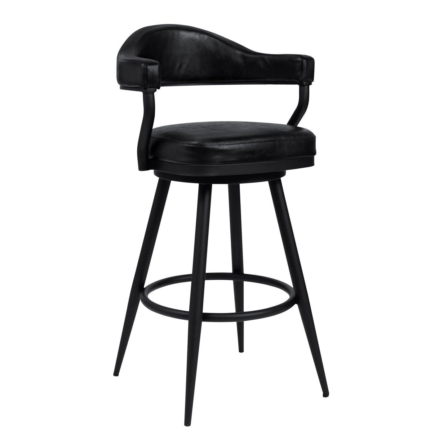 Justin 30" Bar Height Swivel Vintage Black Faux Leather Bar Stool with Black Metal Legs