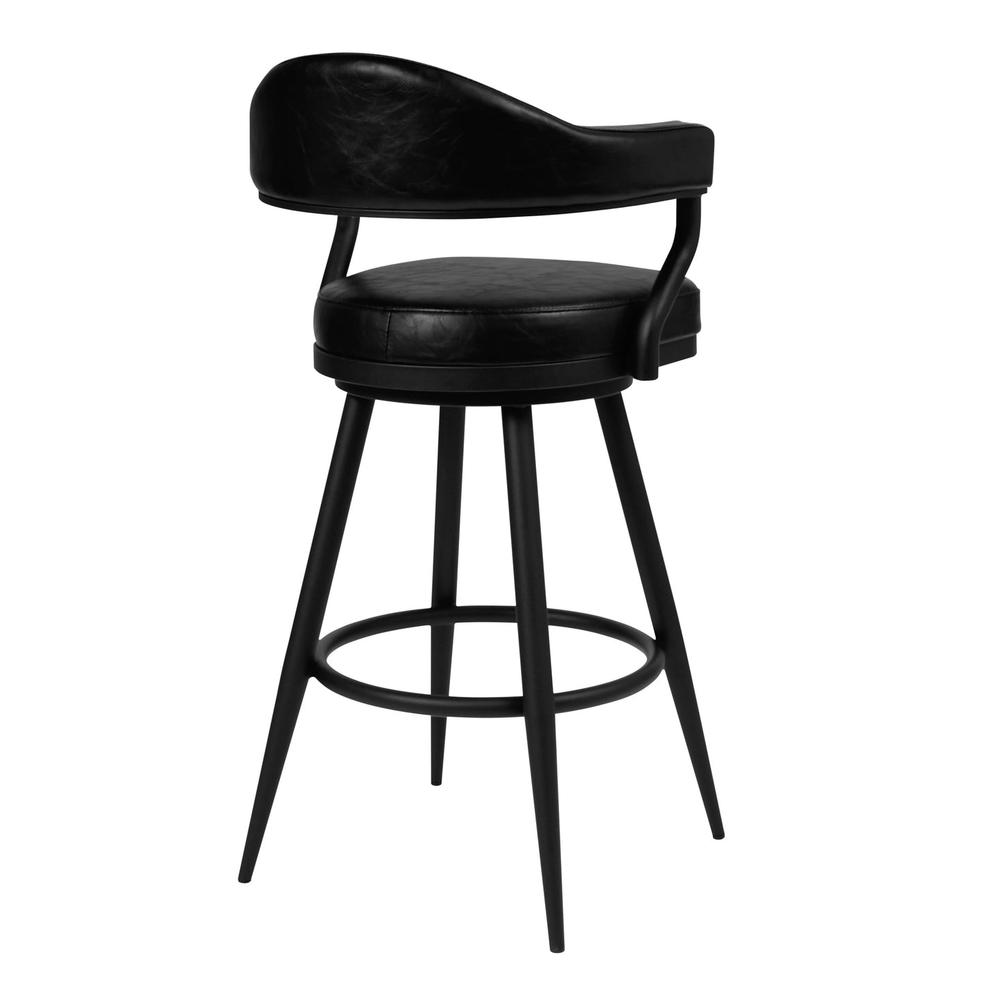 Justin 30" Bar Height Swivel Vintage Black Faux Leather Bar Stool with Black Metal Legs