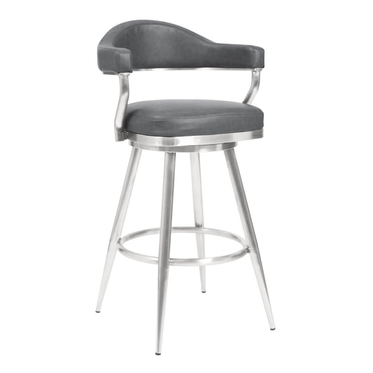 Justin 30" Bar Height Swivel Vintage Gray Faux Leather Bar Stool with Brushed Stainless Steel Legs