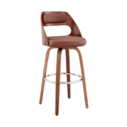 Julius 26" Brown Faux Leather and Walnut Wood Bar Stool