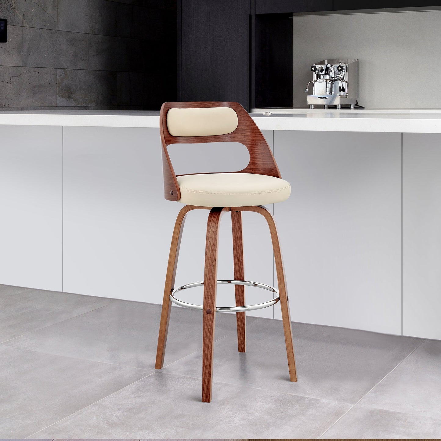 Julius 26" Cream Faux Leather and Walnut Wood Bar Stool