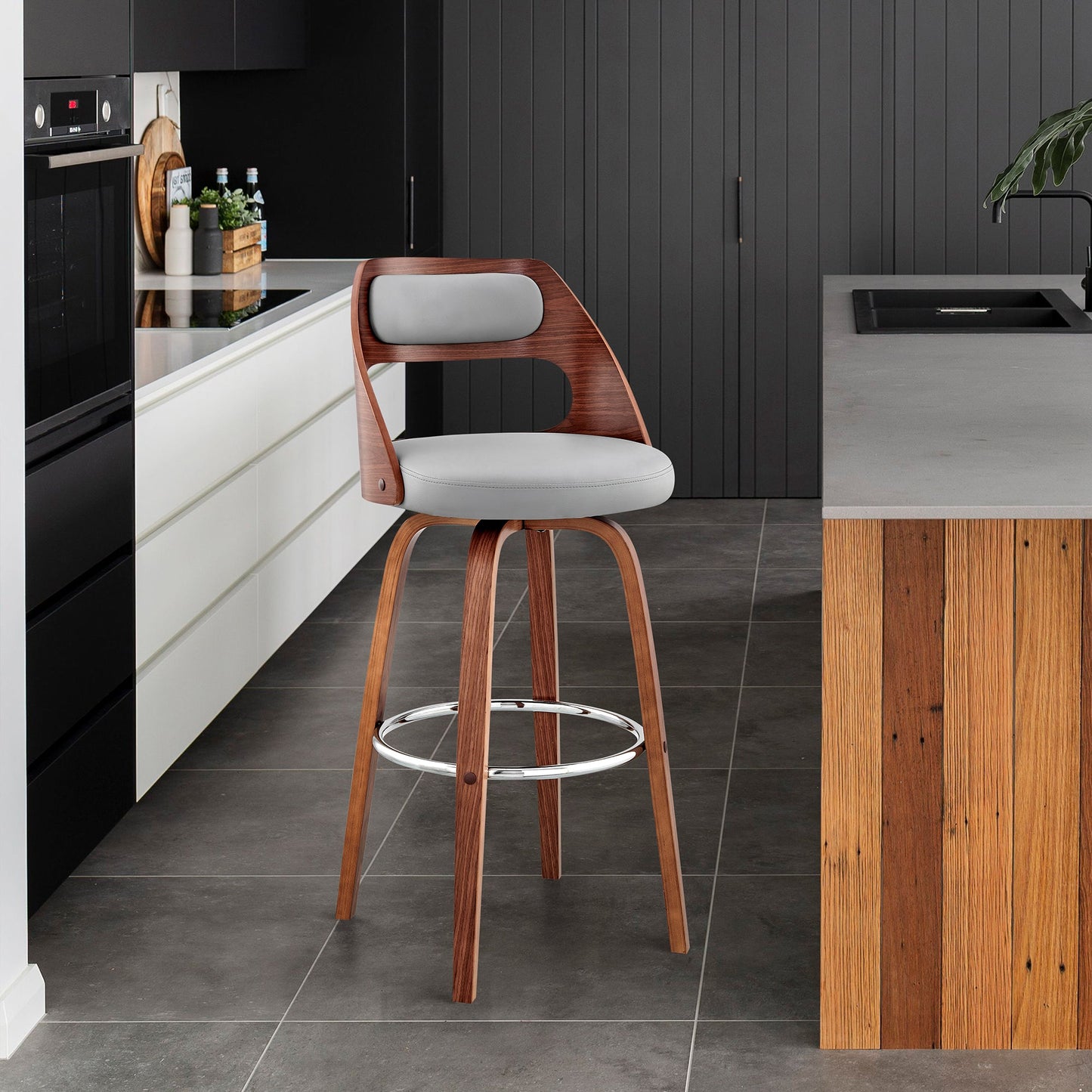 Julius 30" Gray Faux Leather and Walnut Wood Bar Stool