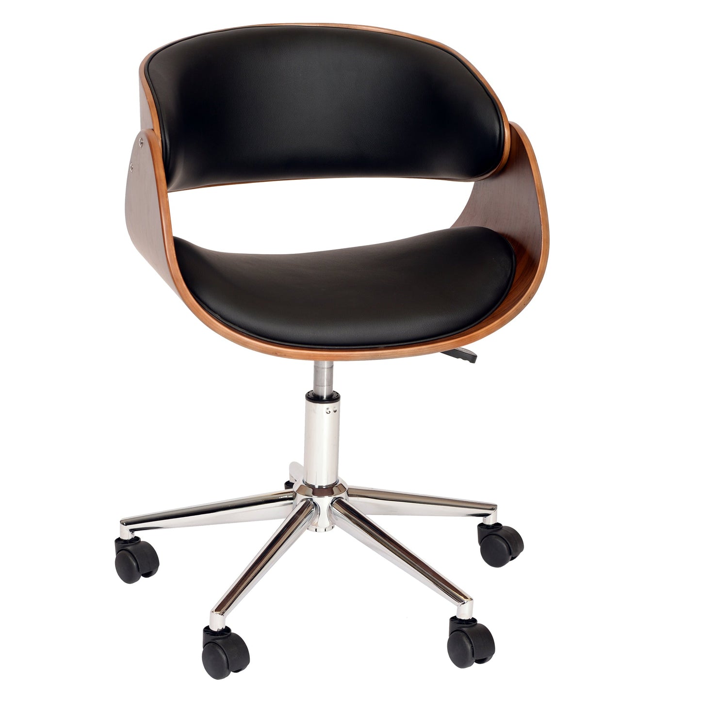 Julian Modern Office Chair In Chrome Finish with Black Faux Leather And Walnut Veneer Back