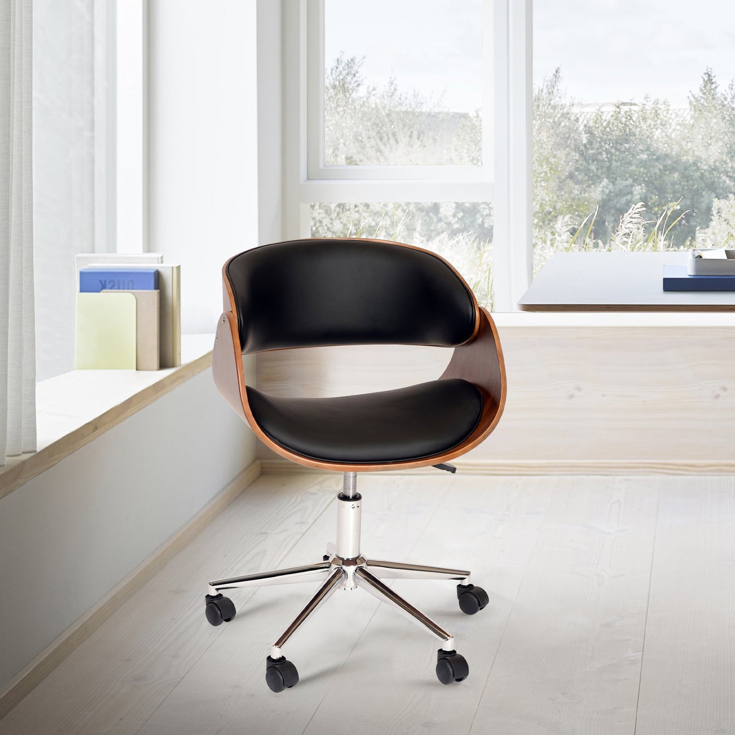 Julian Modern Office Chair In Chrome Finish with Black Faux Leather And Walnut Veneer Back