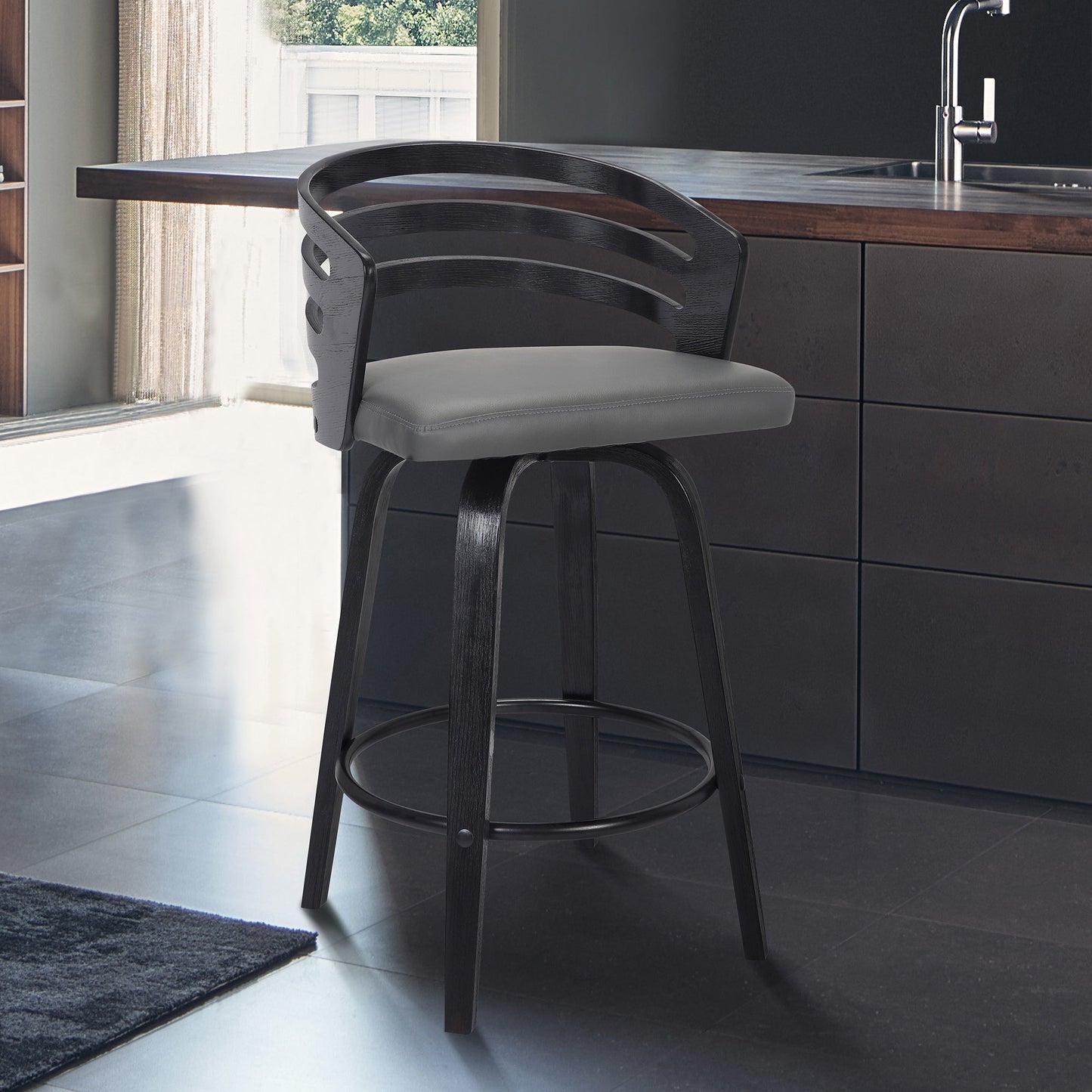 Jayden 26" Counter Height Swivel Gray Faux Leather and Black Wood Bar Stool