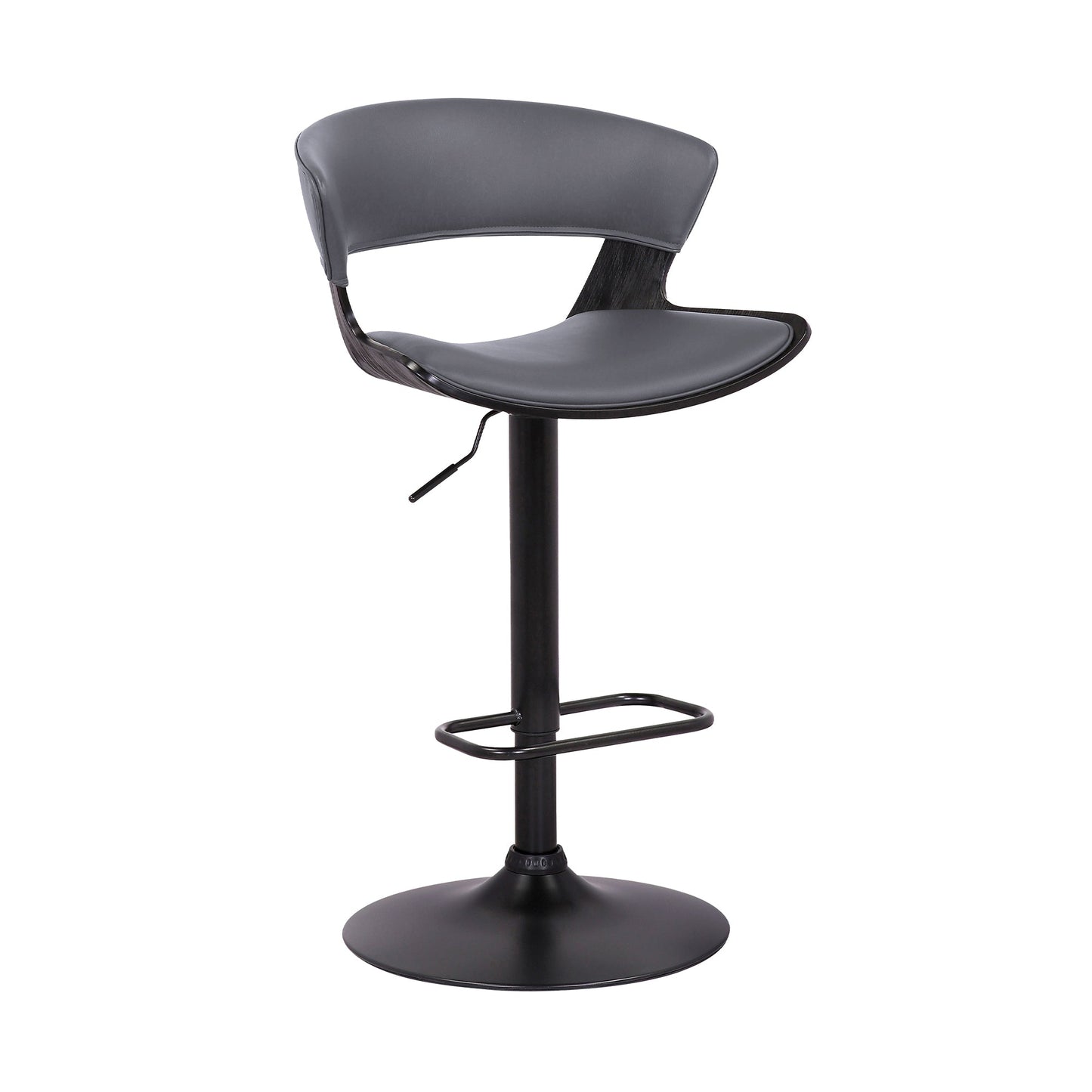 Karine Adjustable Swivel Gray Faux Leather and Black Wood Bar Stool with Black Base