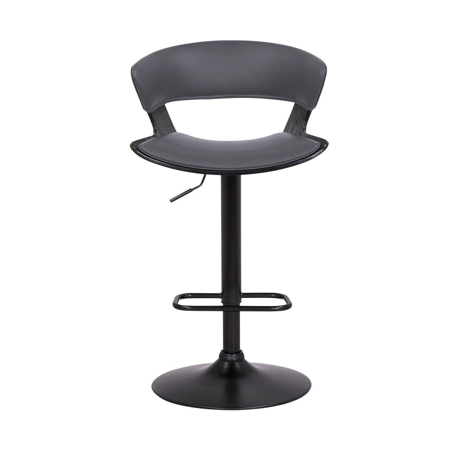 Karine Adjustable Swivel Gray Faux Leather and Black Wood Bar Stool with Black Base