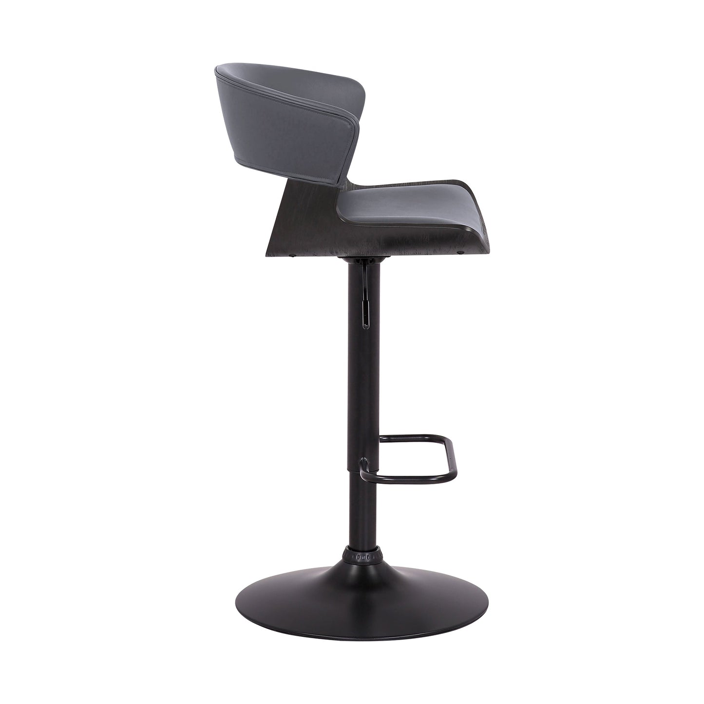 Karine Adjustable Swivel Gray Faux Leather and Black Wood Bar Stool with Black Base