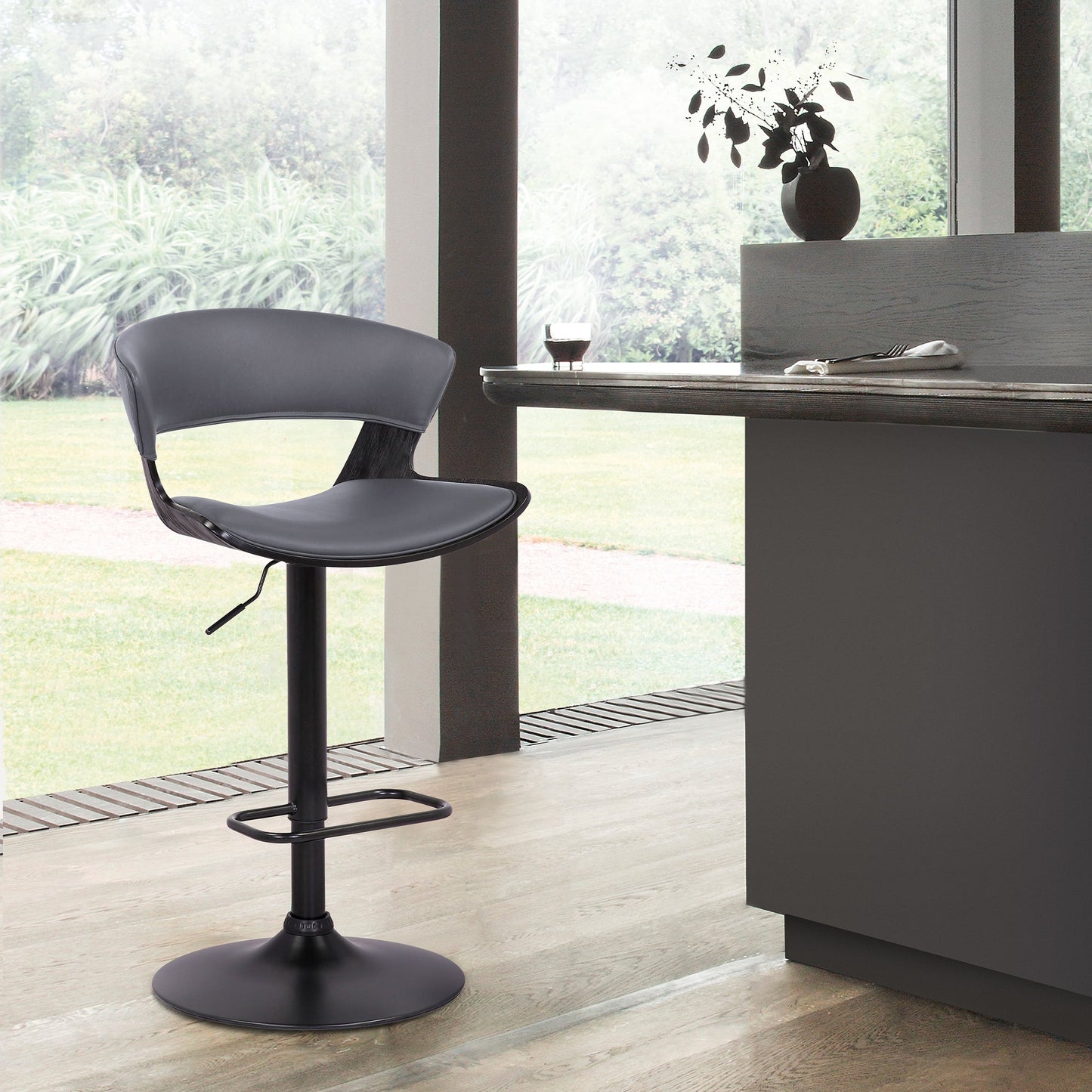 Karine Adjustable Swivel Gray Faux Leather and Black Wood Bar Stool with Black Base