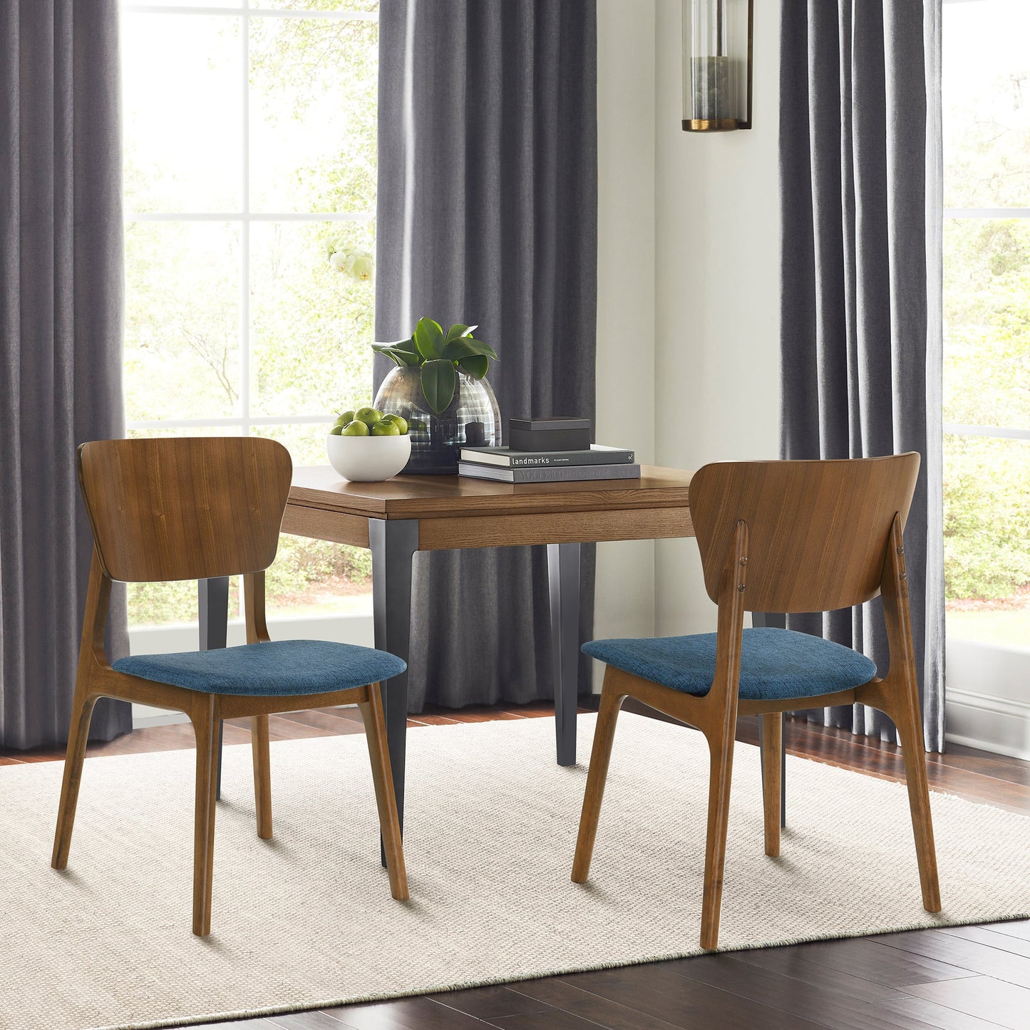 Kalia Wood Dining Chair in Walnut Finish with Blue Fabric - Set of 2