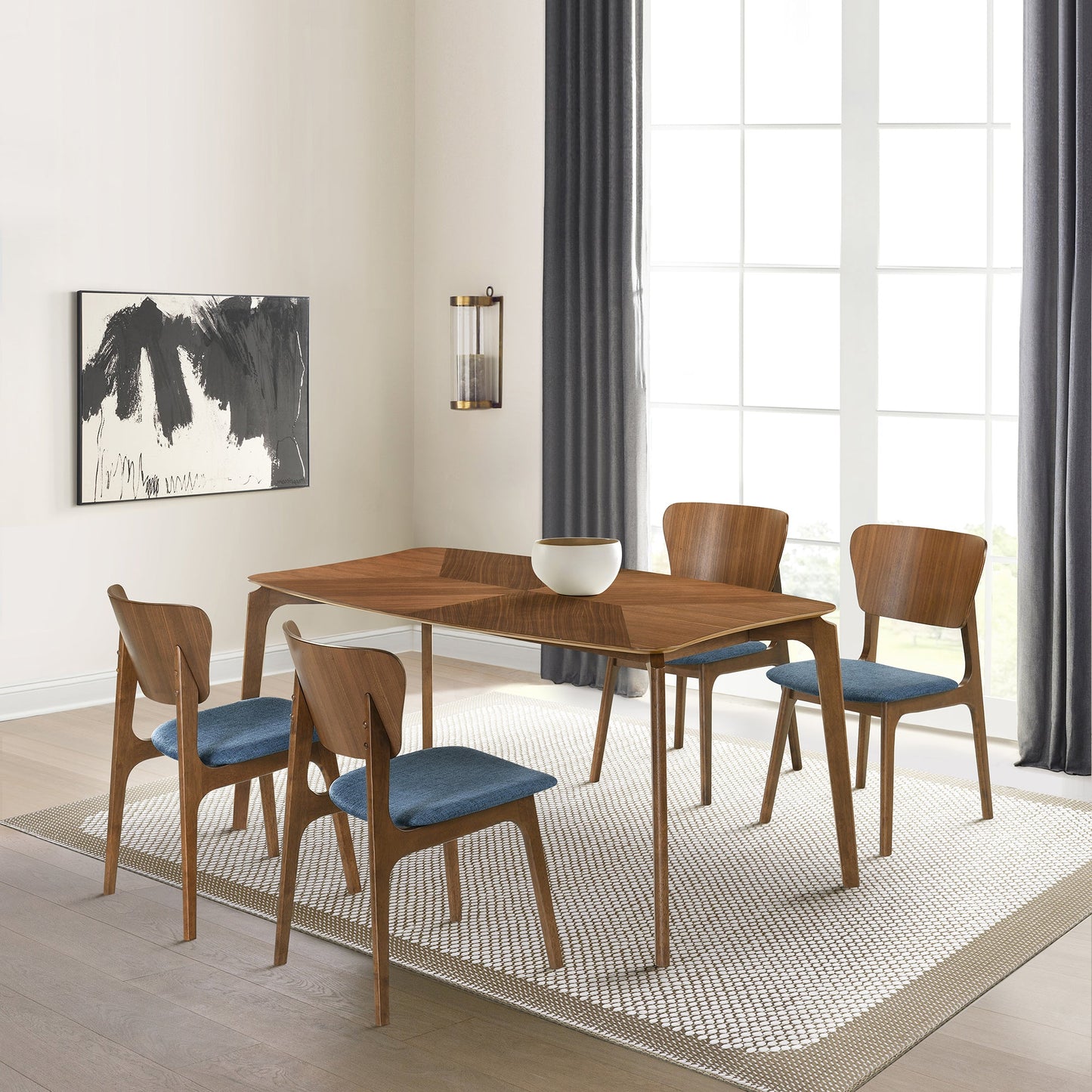 Kalia Wood Dining Chair in Walnut Finish with Blue Fabric - Set of 2