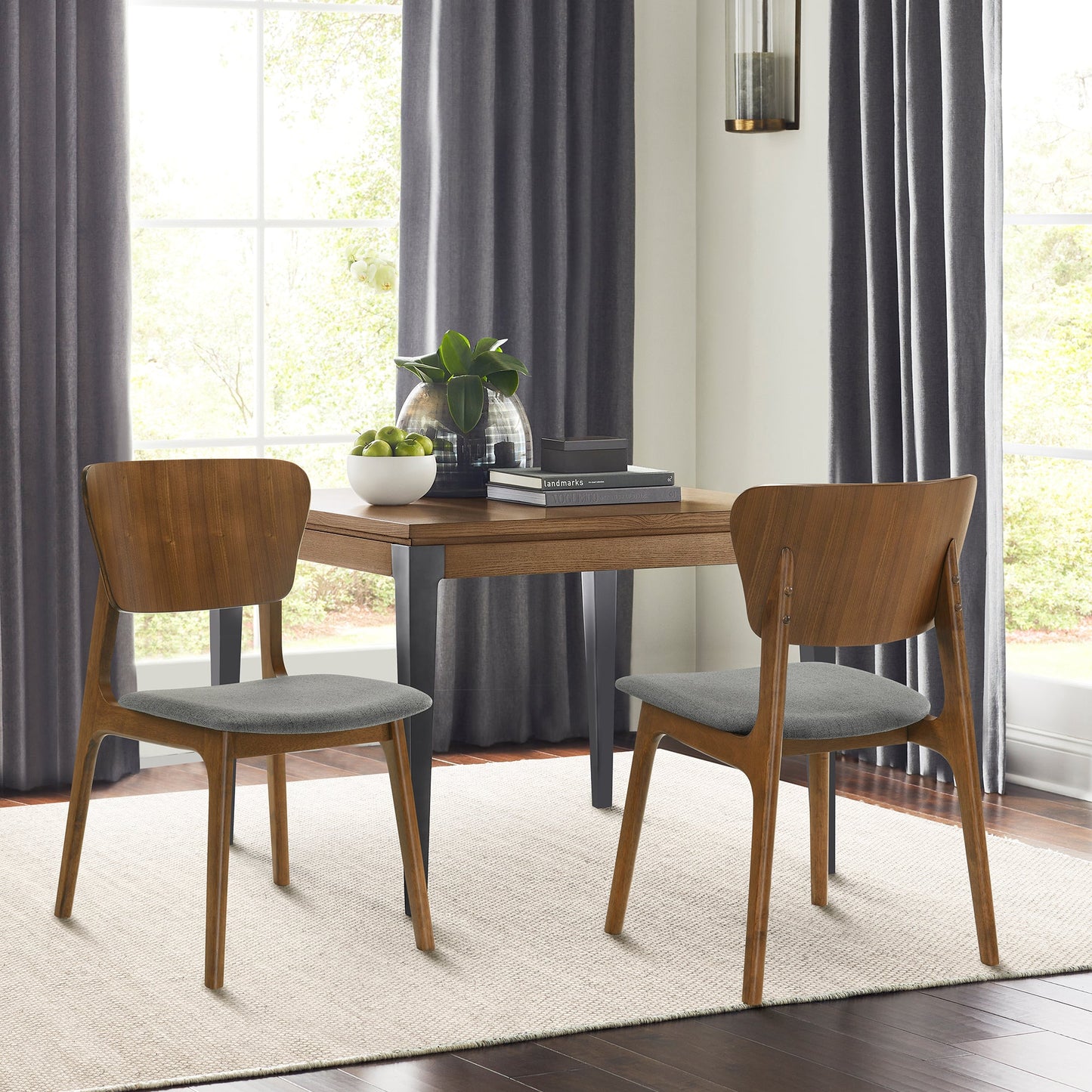 Kalia Wood Dining Chair in Walnut Finish with Charcoal Fabric - Set of 2