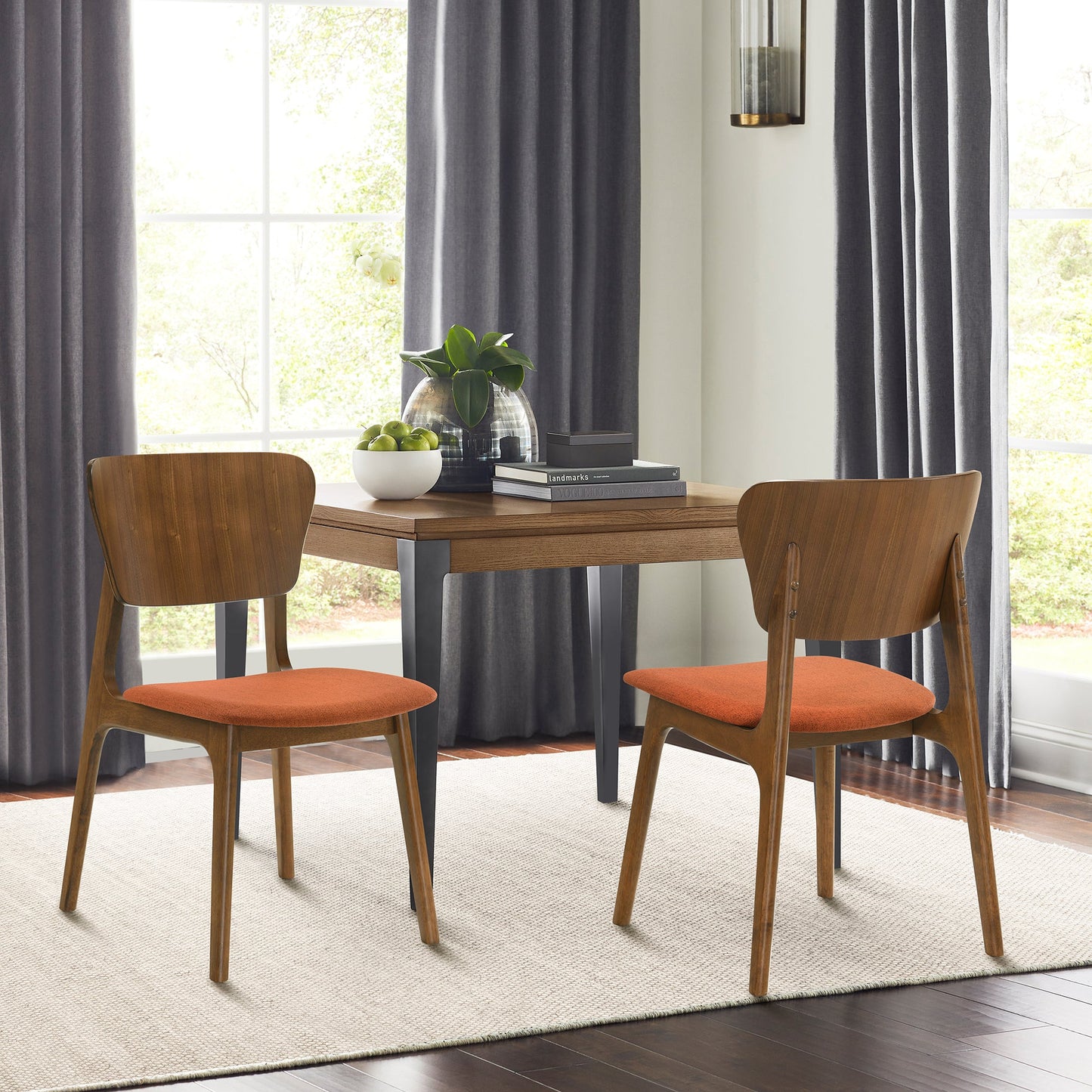 Kalia Wood Dining Chair in Walnut Finish with Orange Fabric - Set of 2