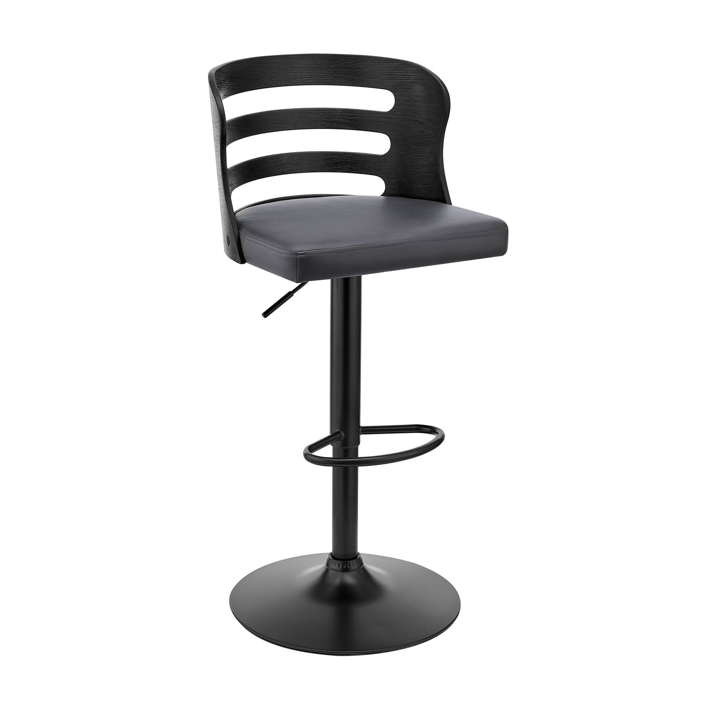 Khalia Adjustable Swivel Gray Faux Leather and Black Wood Bar Stool with Black Base