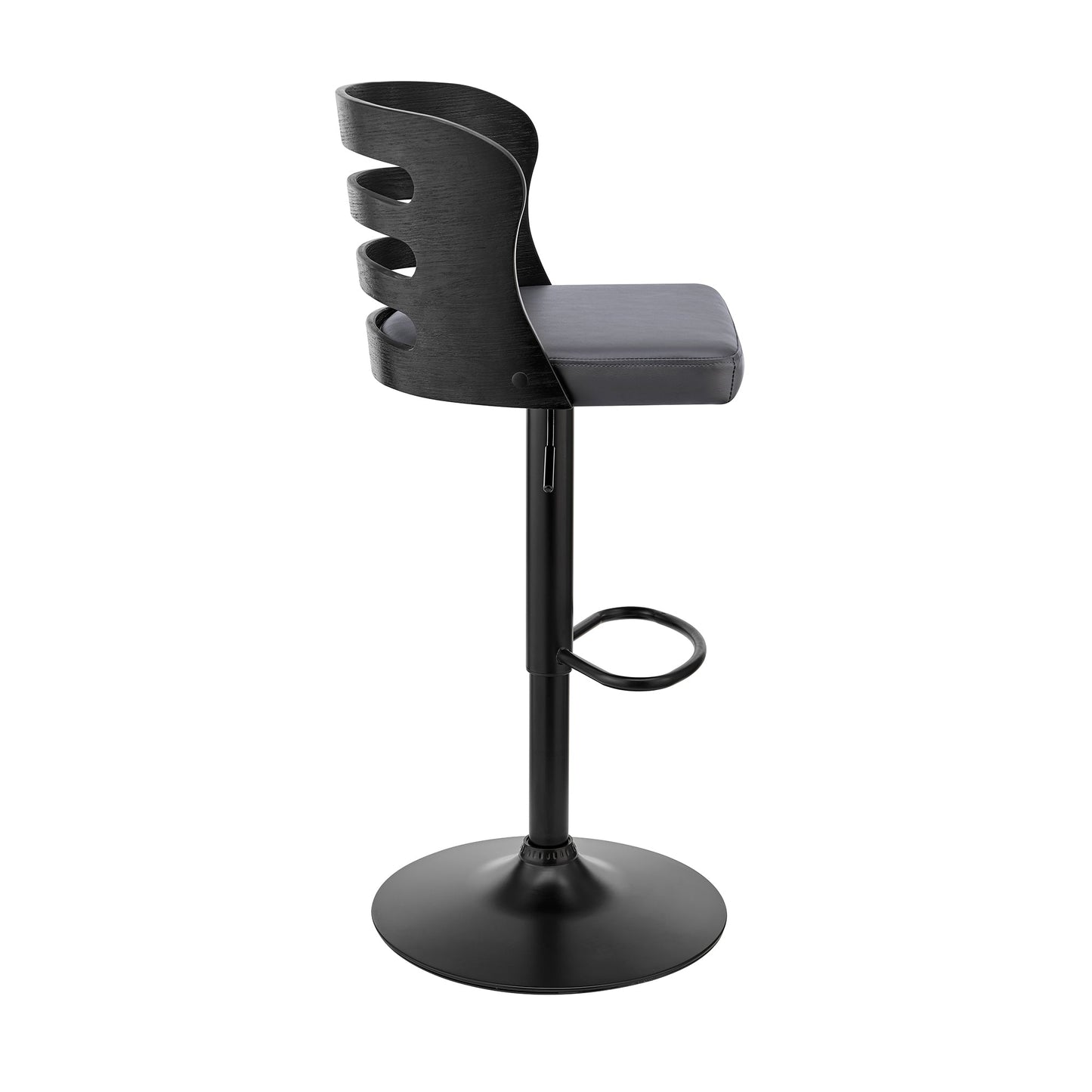 Khalia Adjustable Swivel Gray Faux Leather and Black Wood Bar Stool with Black Base