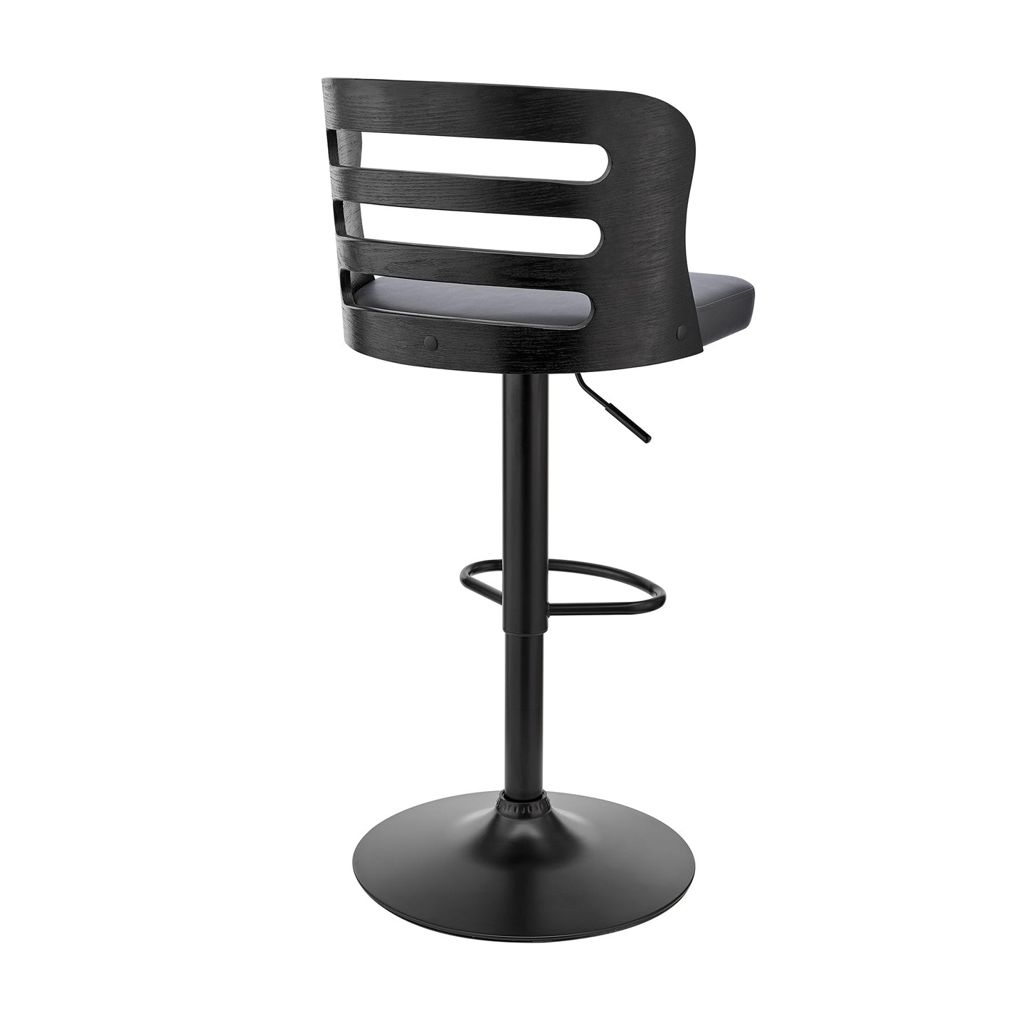 Khalia Adjustable Swivel Gray Faux Leather and Black Wood Bar Stool with Black Base