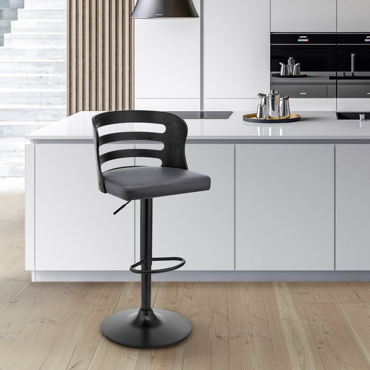 Khalia Adjustable Swivel Gray Faux Leather and Black Wood Bar Stool with Black Base