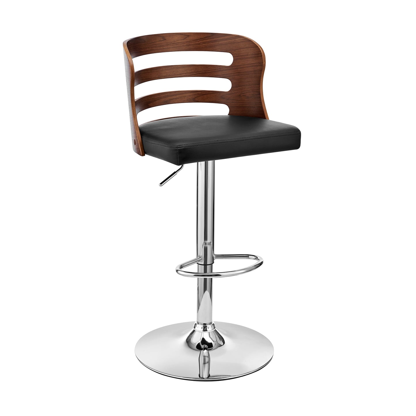 Khalia Adjustable Swivel Black Faux Leather and Walnut Wood Bar Stool with Chrome Base