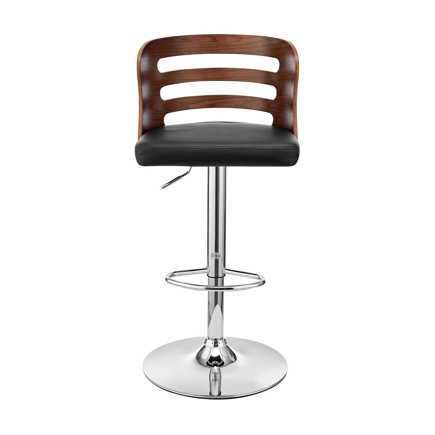 Khalia Adjustable Swivel Black Faux Leather and Walnut Wood Bar Stool with Chrome Base