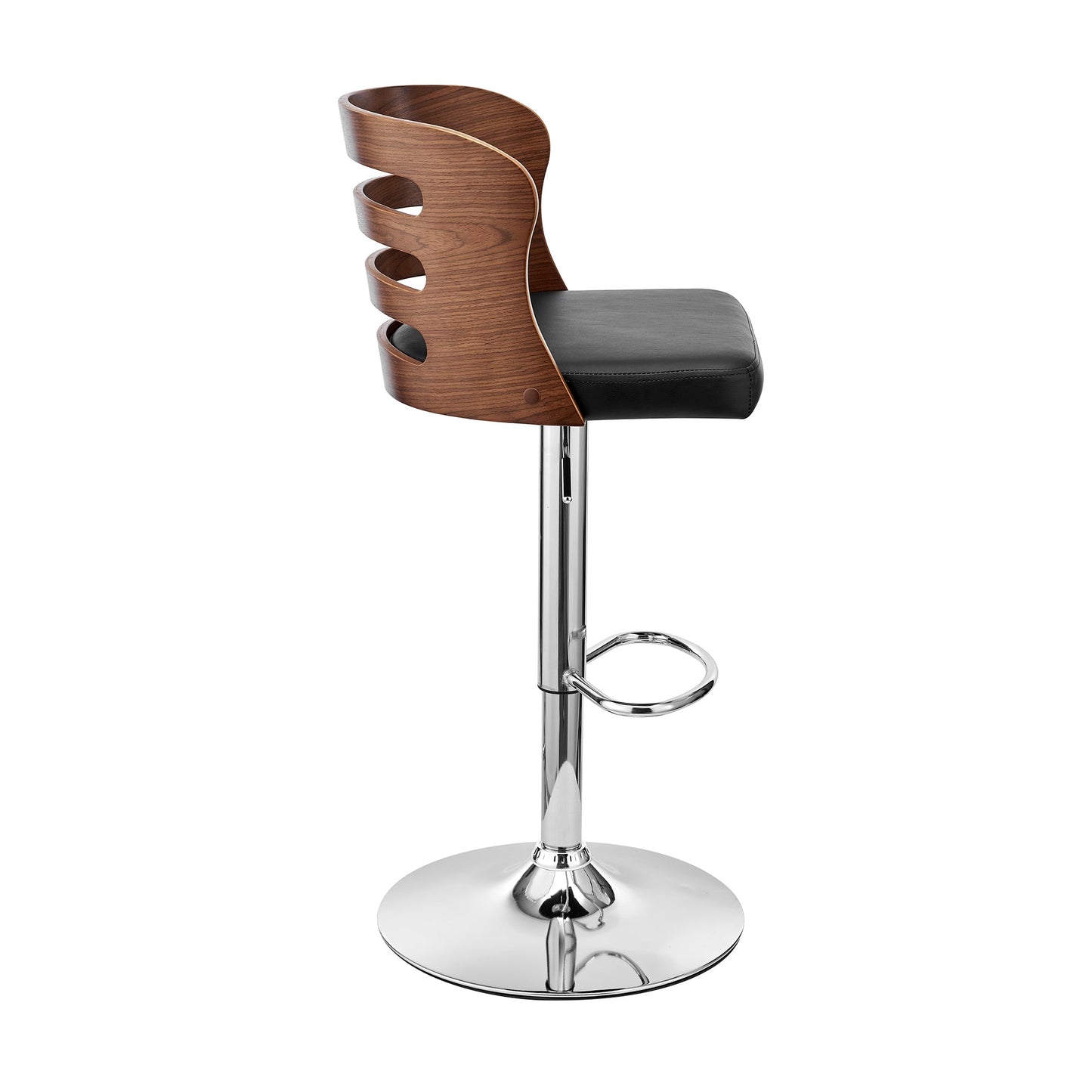 Khalia Adjustable Swivel Black Faux Leather and Walnut Wood Bar Stool with Chrome Base