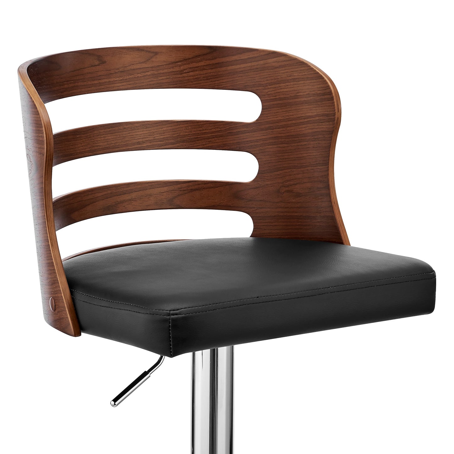 Khalia Adjustable Swivel Black Faux Leather and Walnut Wood Bar Stool with Chrome Base