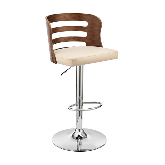 Khalia Adjustable Swivel Cream Faux Leather and Walnut Wood Bar Stool with Chrome Base