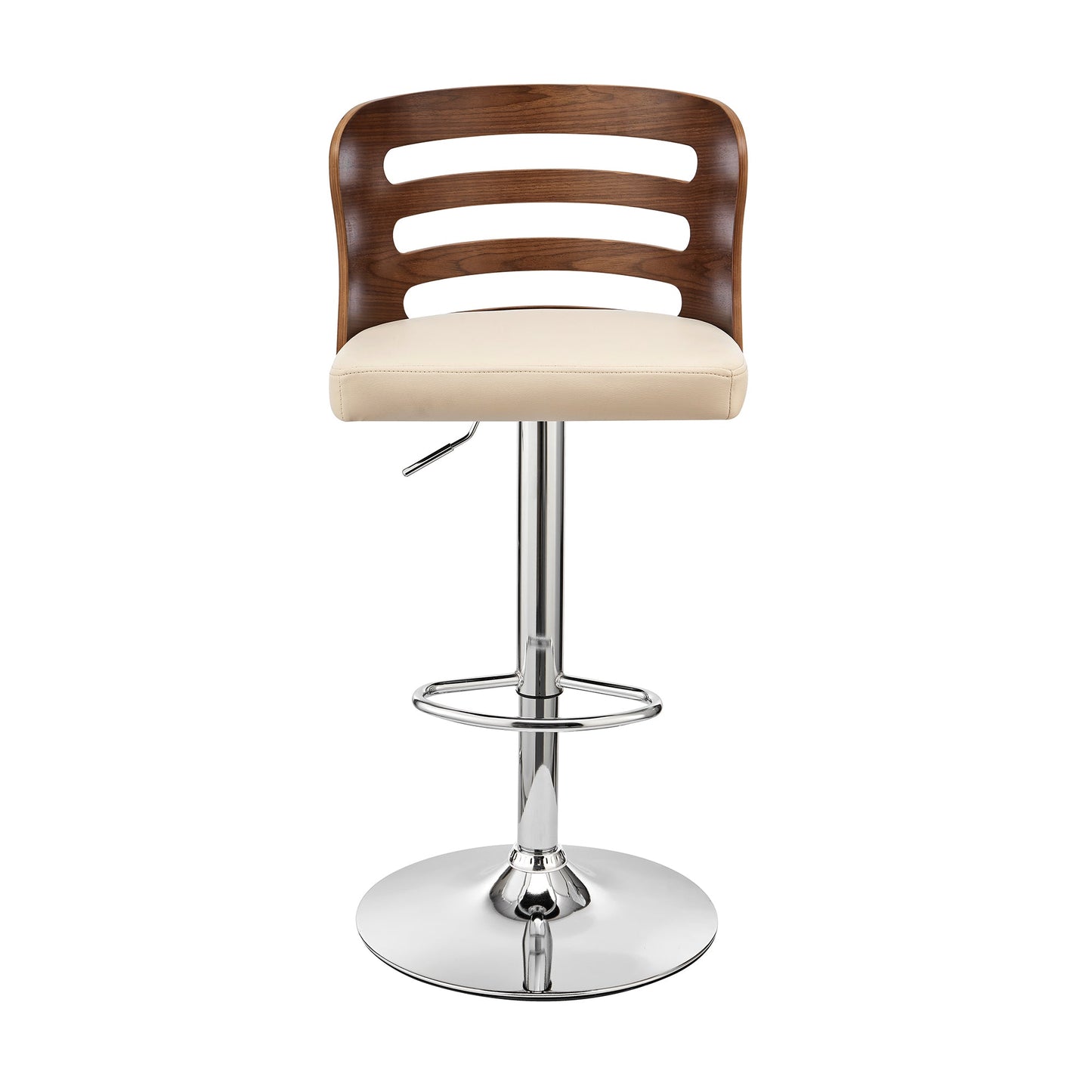 Khalia Adjustable Swivel Cream Faux Leather and Walnut Wood Bar Stool with Chrome Base