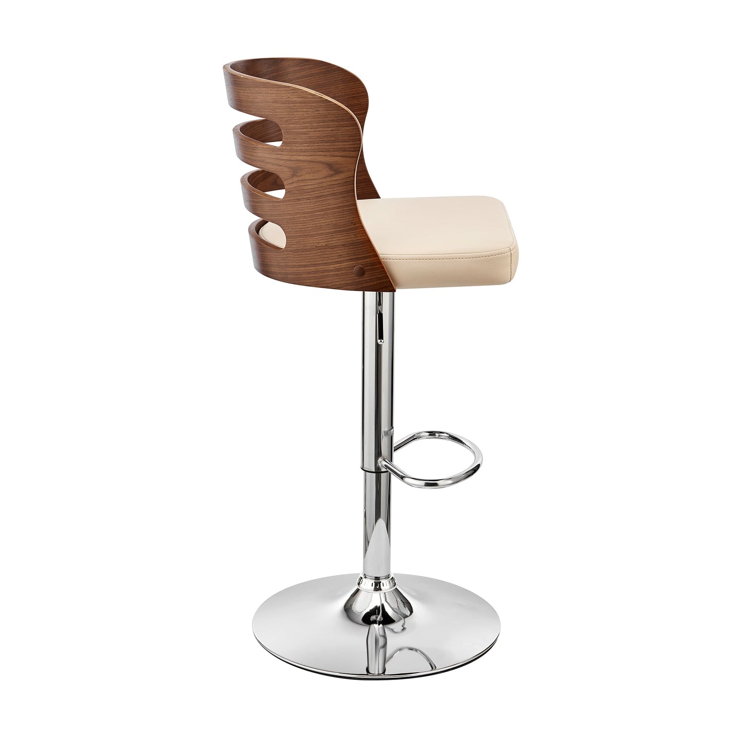 Khalia Adjustable Swivel Cream Faux Leather and Walnut Wood Bar Stool with Chrome Base