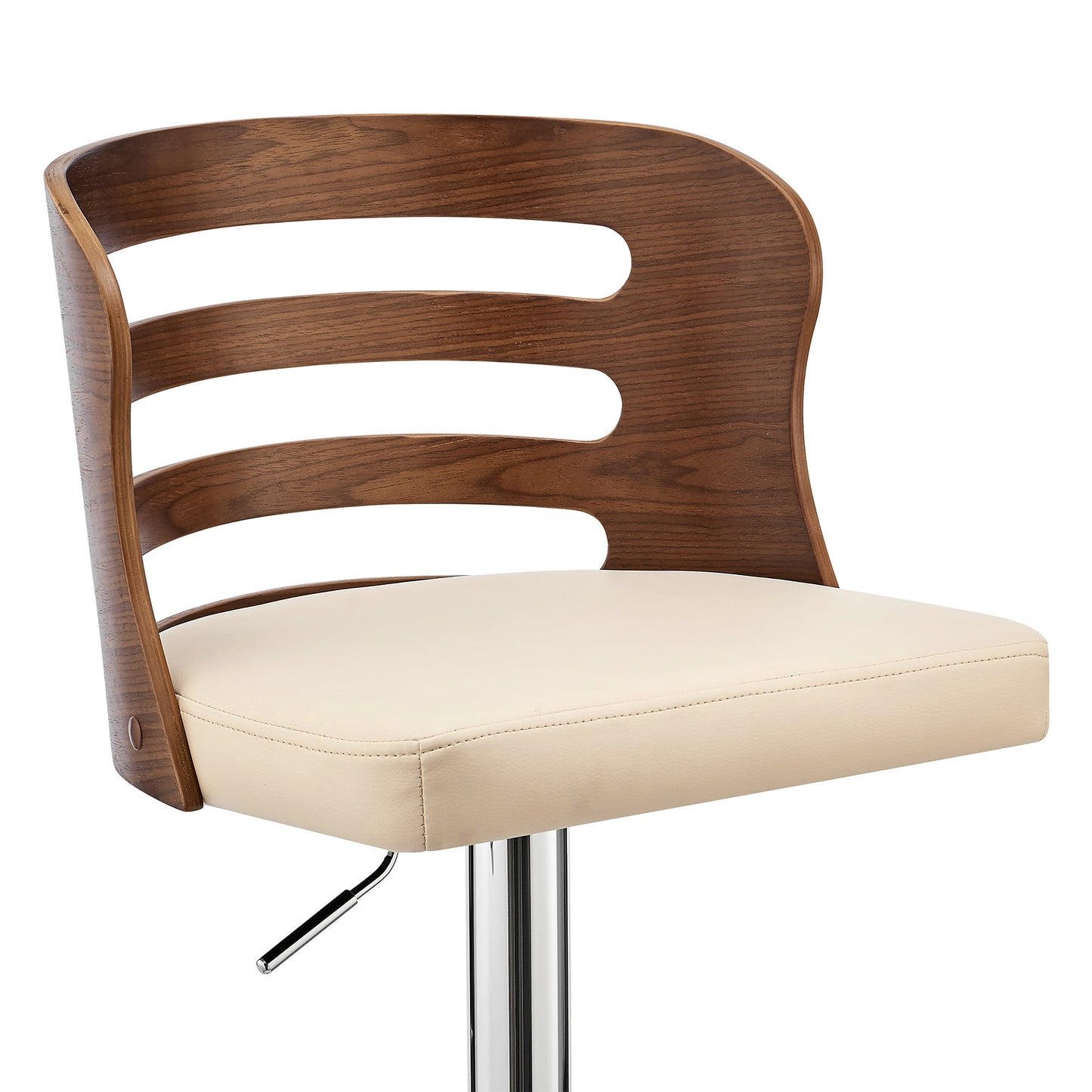 Khalia Adjustable Swivel Cream Faux Leather and Walnut Wood Bar Stool with Chrome Base