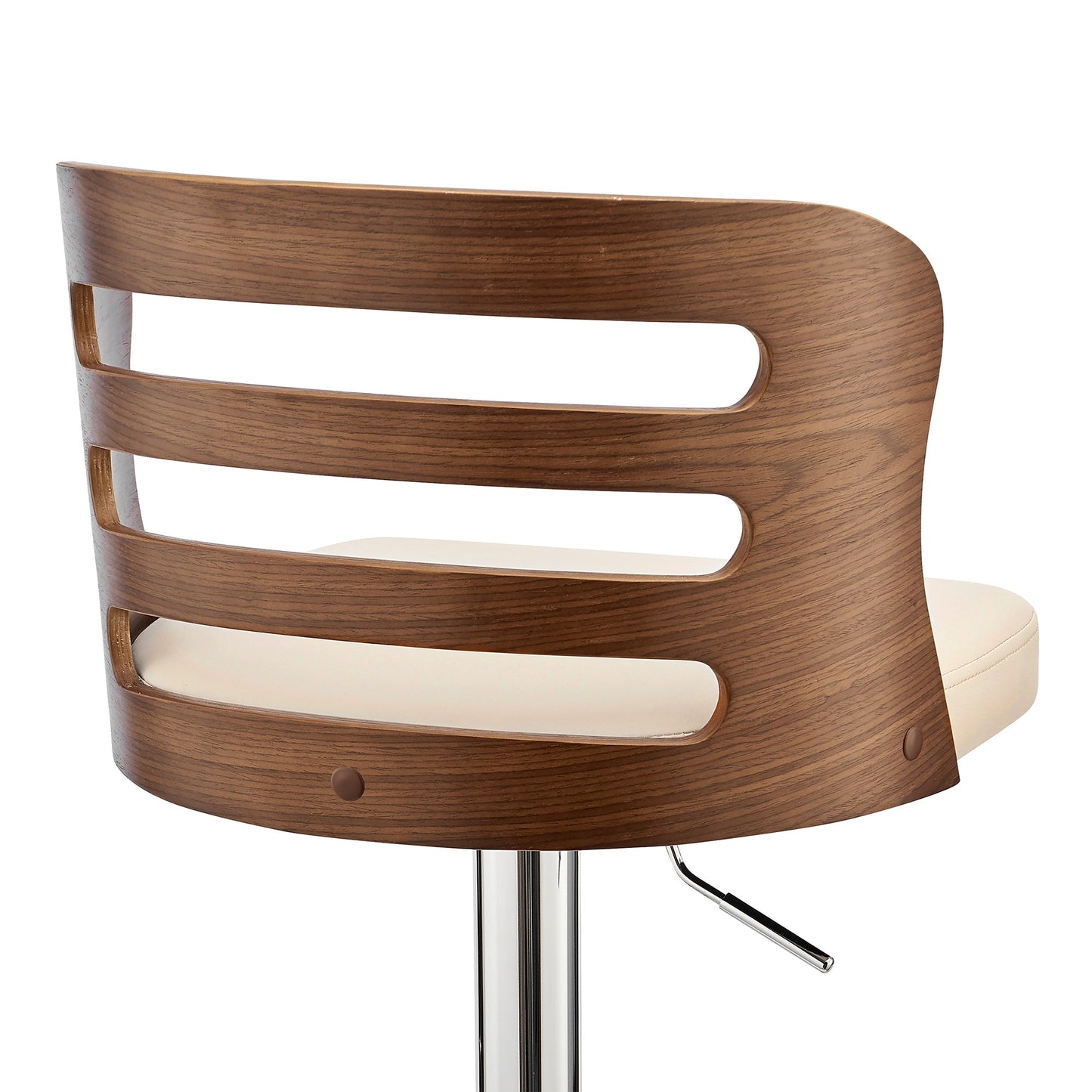 Khalia Adjustable Swivel Cream Faux Leather and Walnut Wood Bar Stool with Chrome Base